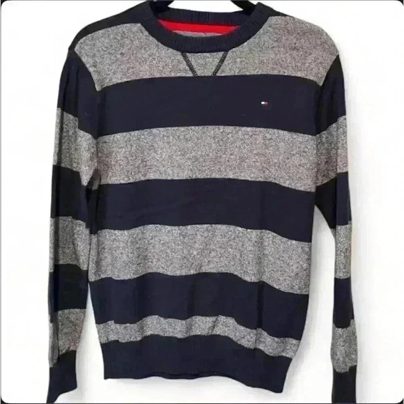 Tommy Hilfiger Boy’s Striped Pullover Sweater Navy Gray Size Med - Picture 1 of 3